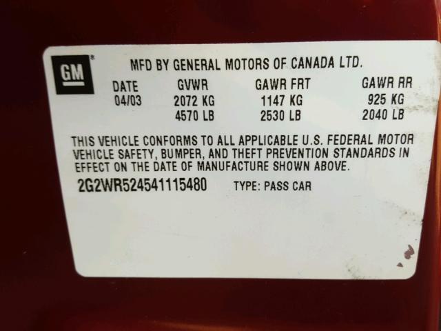 2G2WR524541115480 - 2004 PONTIAC GRAND PRIX წითელი ფოტო 10