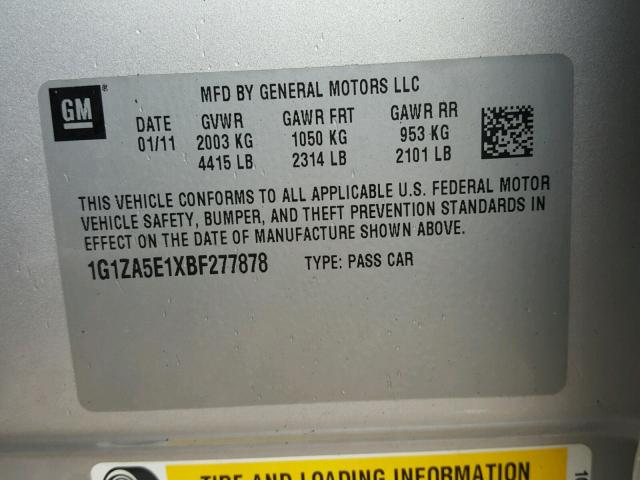 1G1ZA5E1XBF277878 - 2011 CHEVROLET MALIBU LS 银色 照片 10