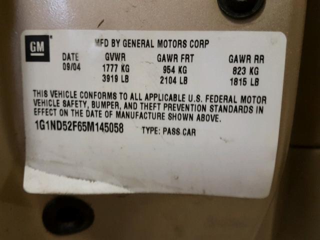 1G1ND52F65M145058 - 2005 CHEVROLET CLASSIC TAN photo 10