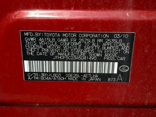 JTHCF5C23A5041490 - 2010 LEXUS IS 250 RED photo 10