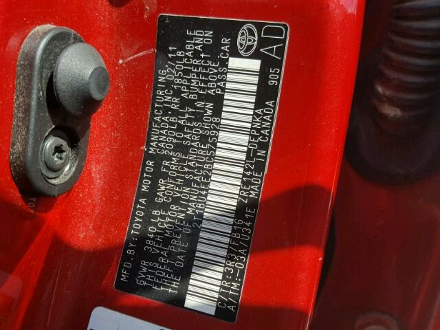 2T1BU4EE2BC575928 - 2011 TOYOTA COROLLA BA RED photo 10