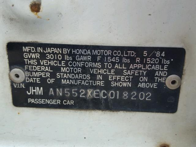 JHMAN552XEC018202 - 1984 HONDA CIVIC 1500 WHITE photo 10