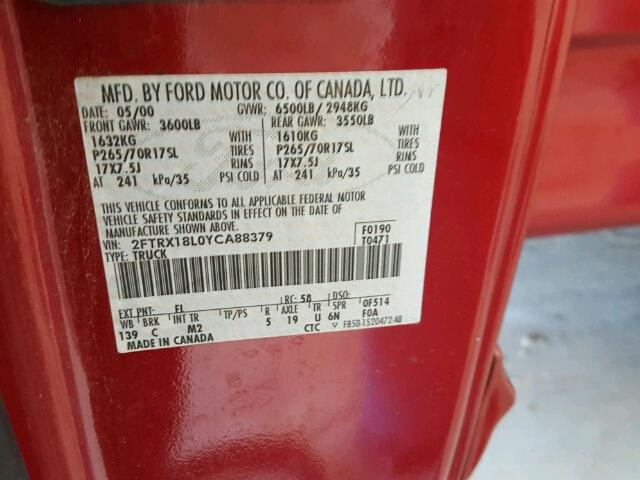 2FTRX18L0YCA88379 - 2000 FORD F150 RED photo 10