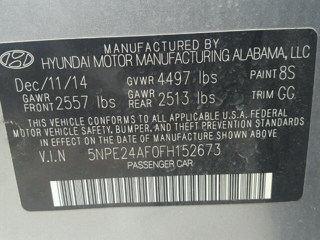 5NPE24AF0FH152673 - 2015 HYUNDAI SONATA SE GRAY photo 10