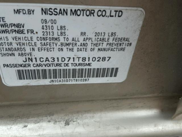 JN1CA31D71T810287 - 2001 NISSAN MAXIMA GXE GOLD photo 10