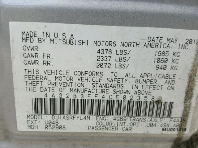 4A32B3FF4CE023589 - 2012 MITSUBISHI GALANT ES SILVER photo 10