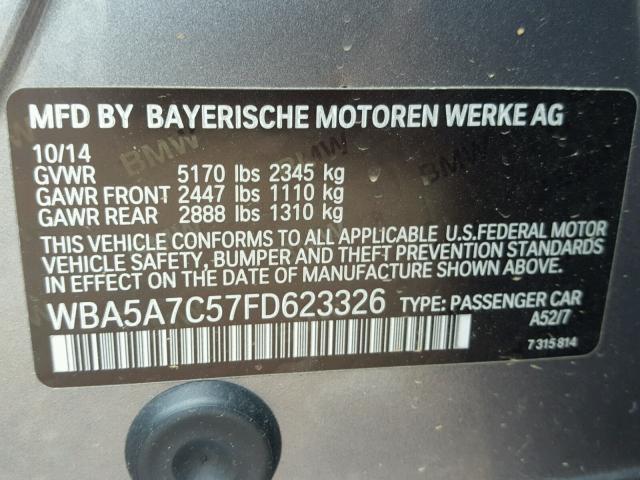 WBA5A7C57FD623326 - 2015 BMW 528 XI GRAY photo 10