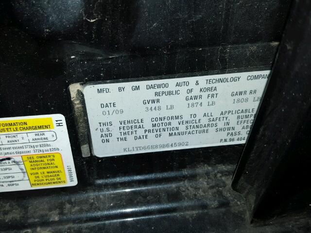 KL1TD66E89B645902 - 2009 CHEVROLET AVEO LS BLACK photo 10