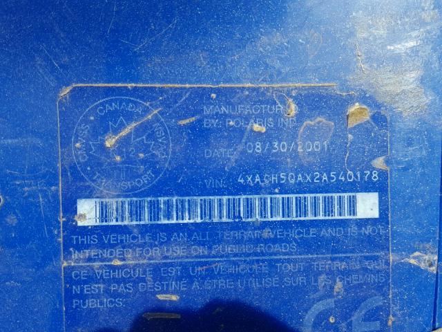 4XACH50AX2A540178 - 2002 POLARIS SPORTSMAN BLUE photo 10