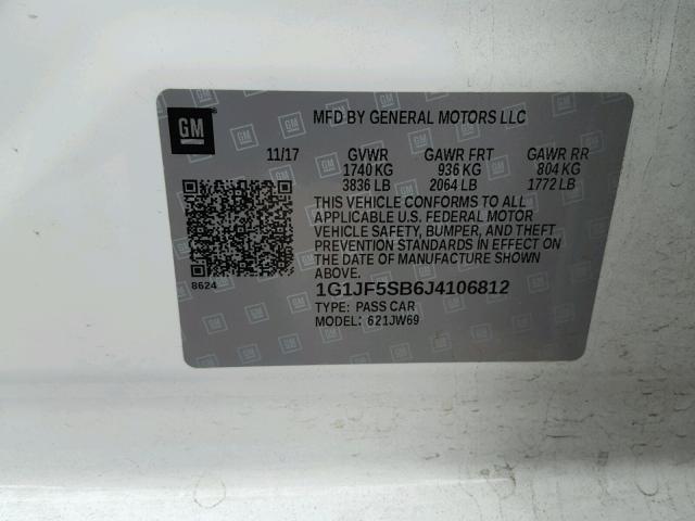 1G1JF5SB6J4106812 - 2018 CHEVROLET SONIC PREM WHITE photo 10