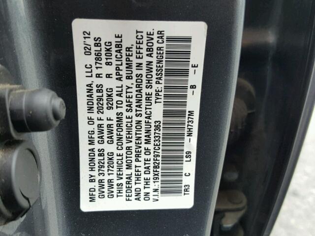 19XFB2F97CE337363 - 2012 HONDA CIVIC EXL GRAY photo 10