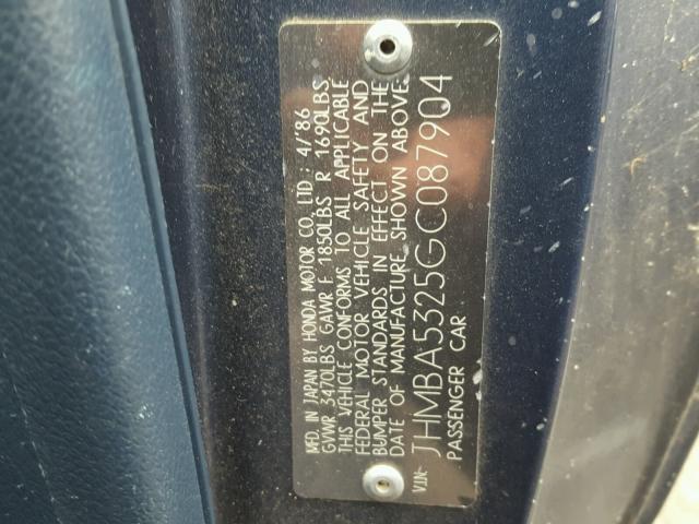 JHMBA5325GC087904 - 1986 HONDA ACCORD DX BLUE photo 10