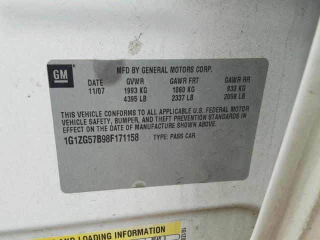 1G1ZG57B98F171158 - 2008 CHEVROLET MALIBU LS 白色 照片 10