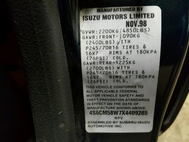 4S6CM58W7X4409285 - 1999 HONDA PASSPORT E 绿色 照片 10