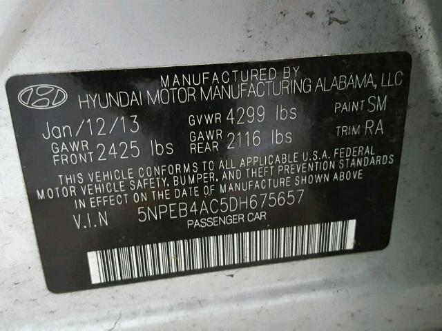 5NPEB4AC5DH675657 - 2013 HYUNDAI SONATA GLS SILVER photo 10