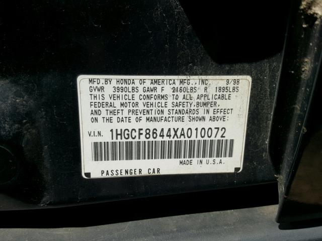 1HGCF8644XA010072 - 1999 HONDA ACCORD DX BLACK photo 10