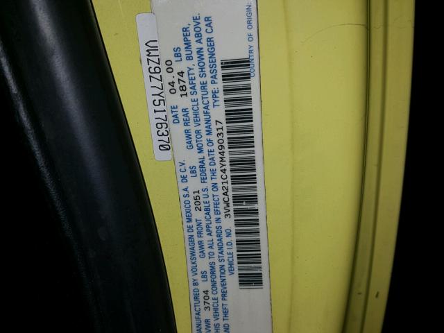 3VWCA21C4YM490317 - 2000 VOLKSWAGEN NEW BEETLE 黄色 照片 10