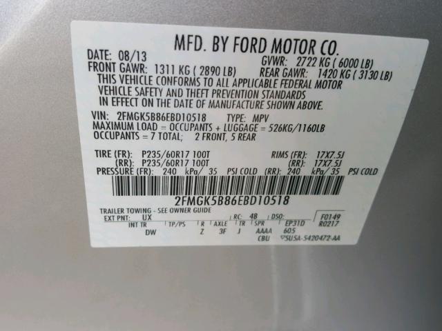 2FMGK5B86EBD10518 - 2014 FORD FLEX SE SILVER photo 10