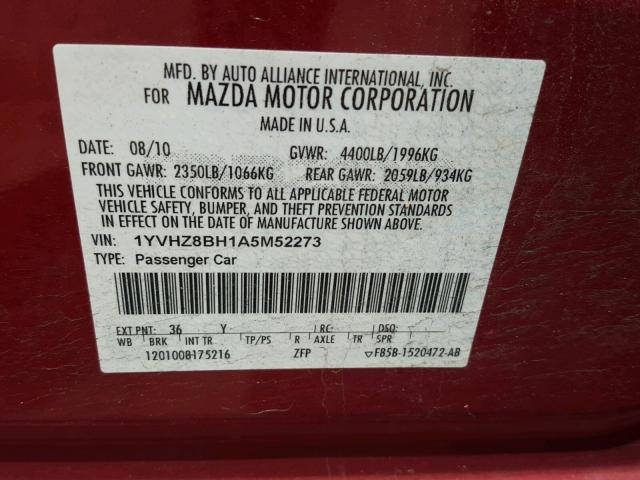 1YVHZ8BH1A5M52273 - 2010 MAZDA 6 I RED photo 10