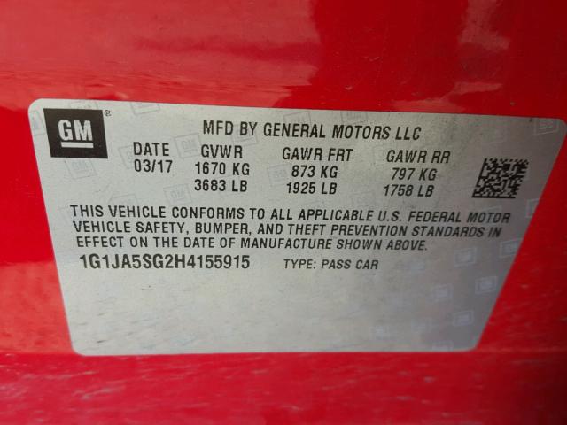 1G1JA5SG2H4155915 - 2017 CHEVROLET SONIC LS RED photo 10