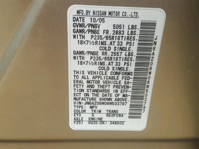 JN8AZ08W06W503797 - 2006 NISSAN MURANO SL GOLD photo 10