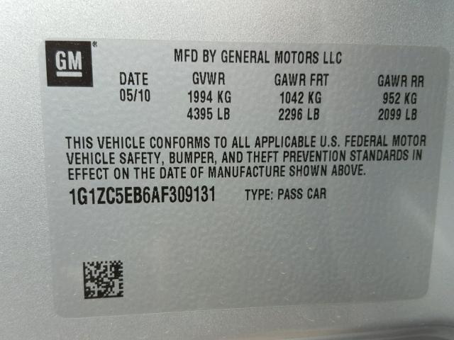 1G1ZC5EB6AF309131 - 2010 CHEVROLET MALIBU 1LT 银色 照片 10