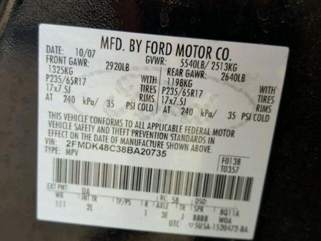2FMDK48C38BA20735 - 2008 FORD EDGE Чорний фото 10