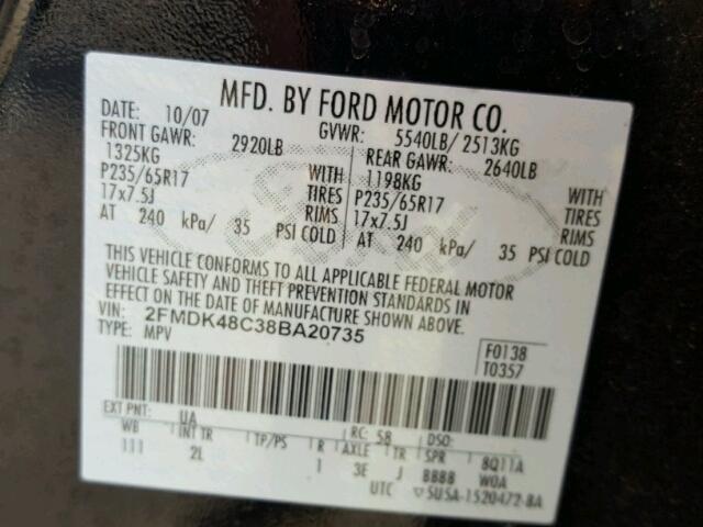 2FMDK48C38BA20735 - 2008 FORD EDGE BLACK photo 10