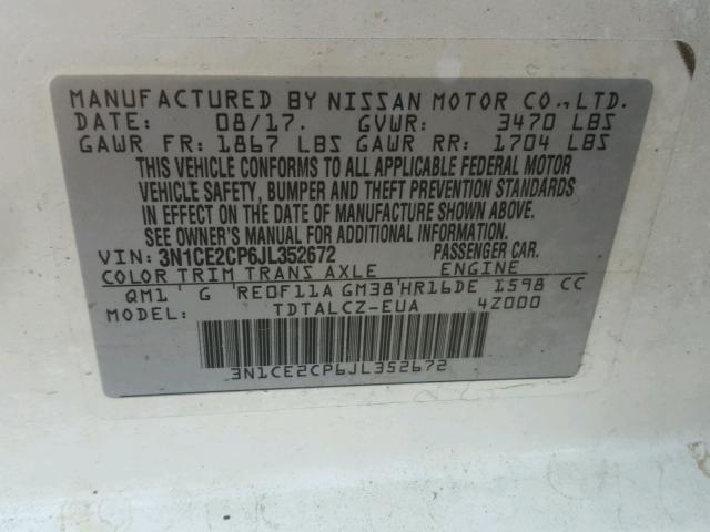 3N1CE2CP6JL352672 - 2018 NISSAN VERSA NOTE WHITE photo 10