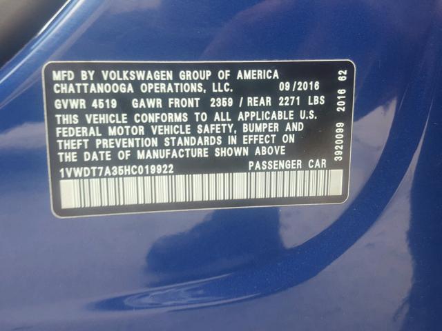 1VWDT7A35HC019922 - 2017 VOLKSWAGEN PASSAT R-L BLUE photo 10