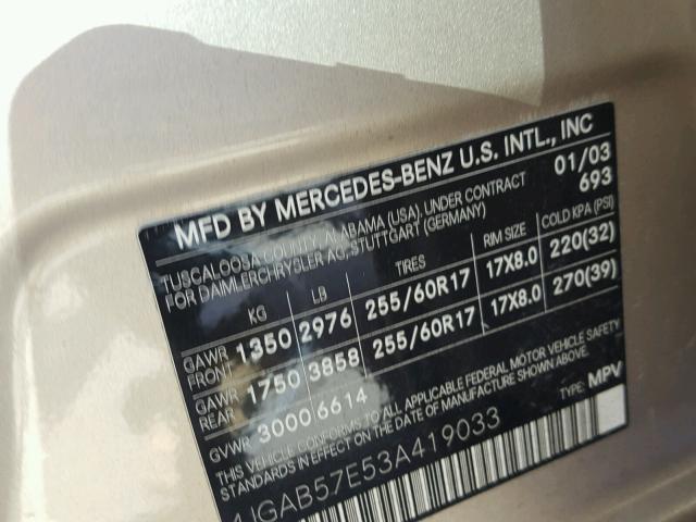 4JGAB57E53A419033 - 2003 MERCEDES-BENZ ML 350 GOLD photo 10