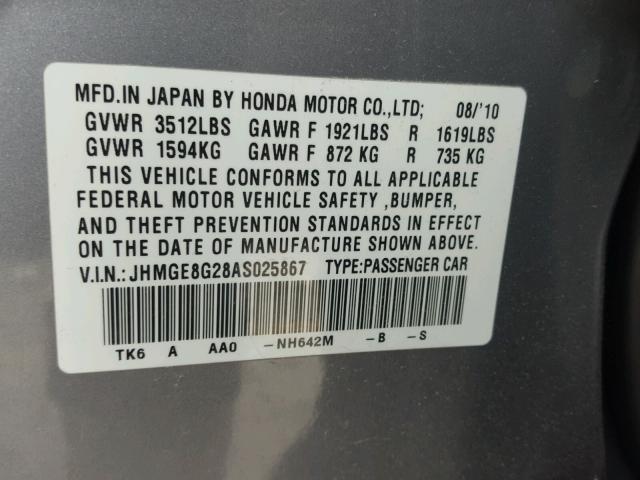 JHMGE8G28AS025867 - 2010 HONDA FIT SILVER photo 10