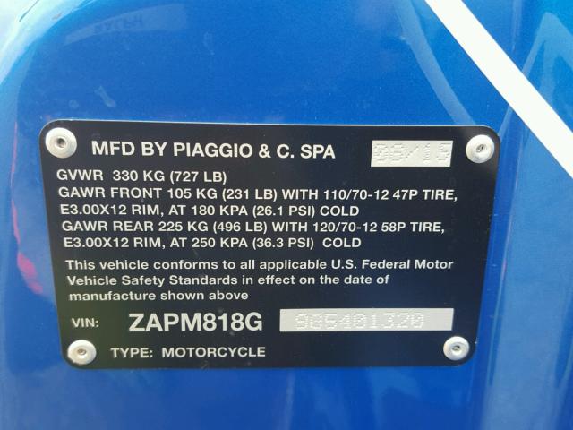 ZAPM818G9G5401320 - 2016 VESPA SPRINT 150 BLUE photo 10