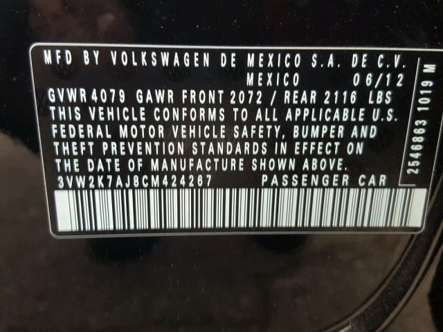 3VW2K7AJ8CM424267 - 2012 VOLKSWAGEN JETTA BASE 黑色 照片 10