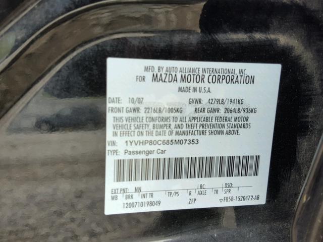 1YVHP80C685M07353 - 2008 MAZDA 6 I BLACK photo 10