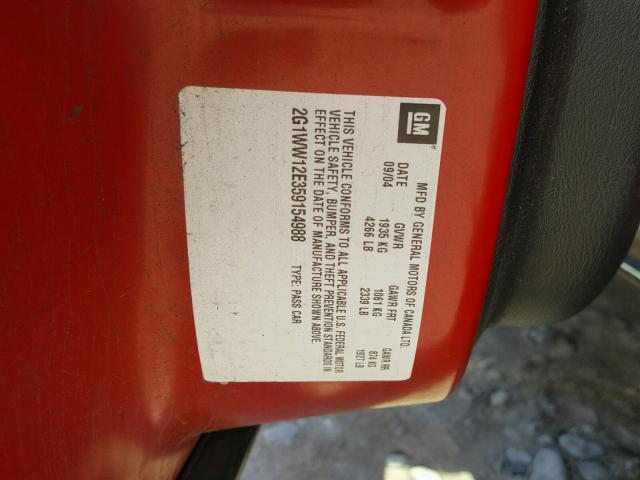 2G1WW12E359154988 - 2005 CHEVROLET MONTE CARL 红色 照片 10