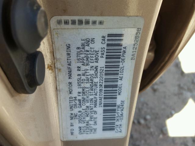 1NXAE09B3RZ220521 - 1994 TOYOTA COROLLA LE 金色 照片 10