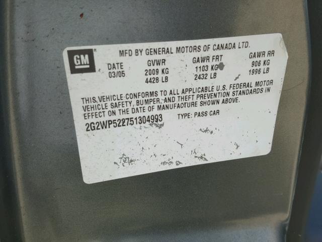 2G2WP522751304993 - 2005 PONTIAC GRAND PRIX GRAY photo 10