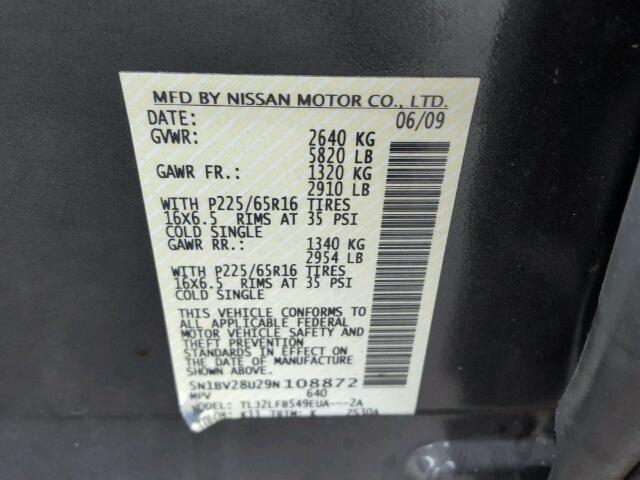 5N1BV28U29N108872 - 2009 NISSAN QUEST S/SE CHARCOAL photo 10