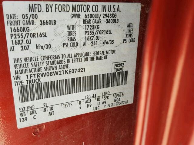 1FTRW08W21KE07421 - 2001 FORD F150 SUPER RED photo 10