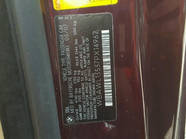 WBAWL13537PX14962 - 2007 BMW 328 I MAROON photo 10