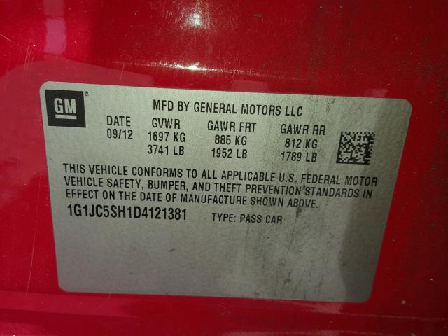 1G1JC5SH1D4121381 - 2013 CHEVROLET SONIC LT RED photo 10