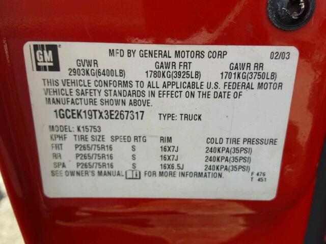 1GCEK19TX3E267317 - 2003 CHEVROLET SILVERADO RED photo 10