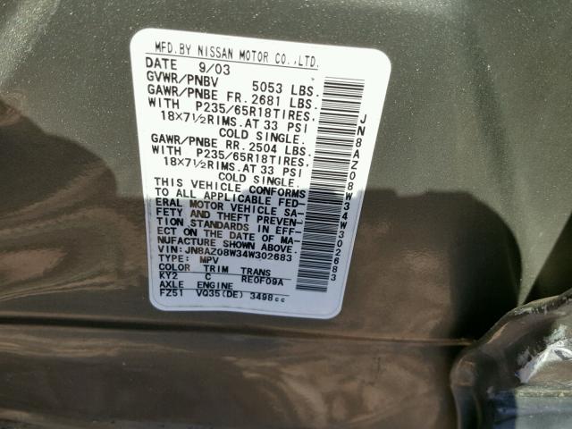 JN8AZ08W34W302683 - 2004 NISSAN MURANO SL GRAY photo 10