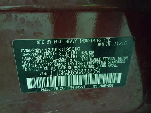 JF1GPAK65G8232354 - 2016 SUBARU IMPREZA LI MAROON photo 10