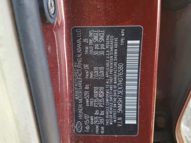 5NMSH73EX7H076580 - 2007 HYUNDAI SANTA FE S MAROON photo 10