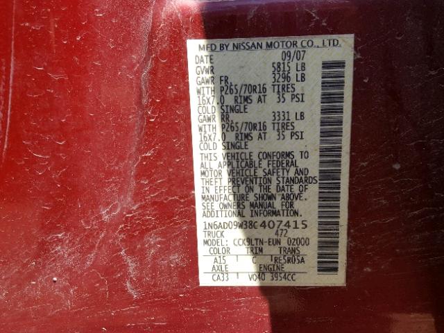 1N6AD09W38C407415 - 2008 NISSAN FRONTIER C RED photo 10