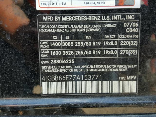 4JGBB86E77A153771 - 2007 MERCEDES-BENZ ML 350 BLACK photo 10