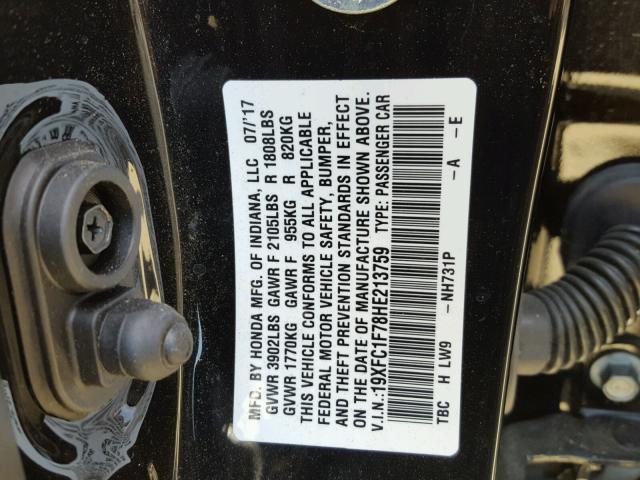 19XFC1F78HE213759 - 2017 HONDA CIVIC EXL BLACK photo 10