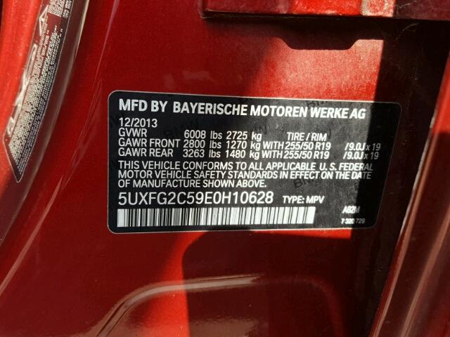 5UXFG2C59E0H10628 - 2014 BMW X6 XDRIVE3 RED photo 10